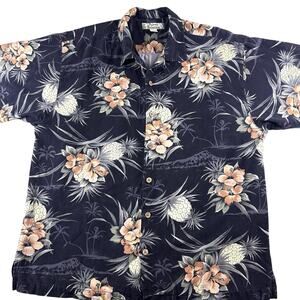 Tommy Bahama 100% Silk Hawaiian Shirt Floral Flowers pineapple black